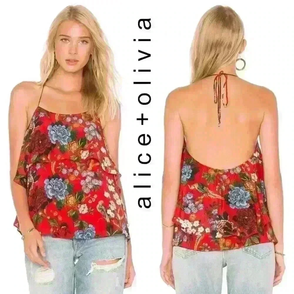 Alice+Olivia "Marybeth" Layered Silk Ruffle Halter Top